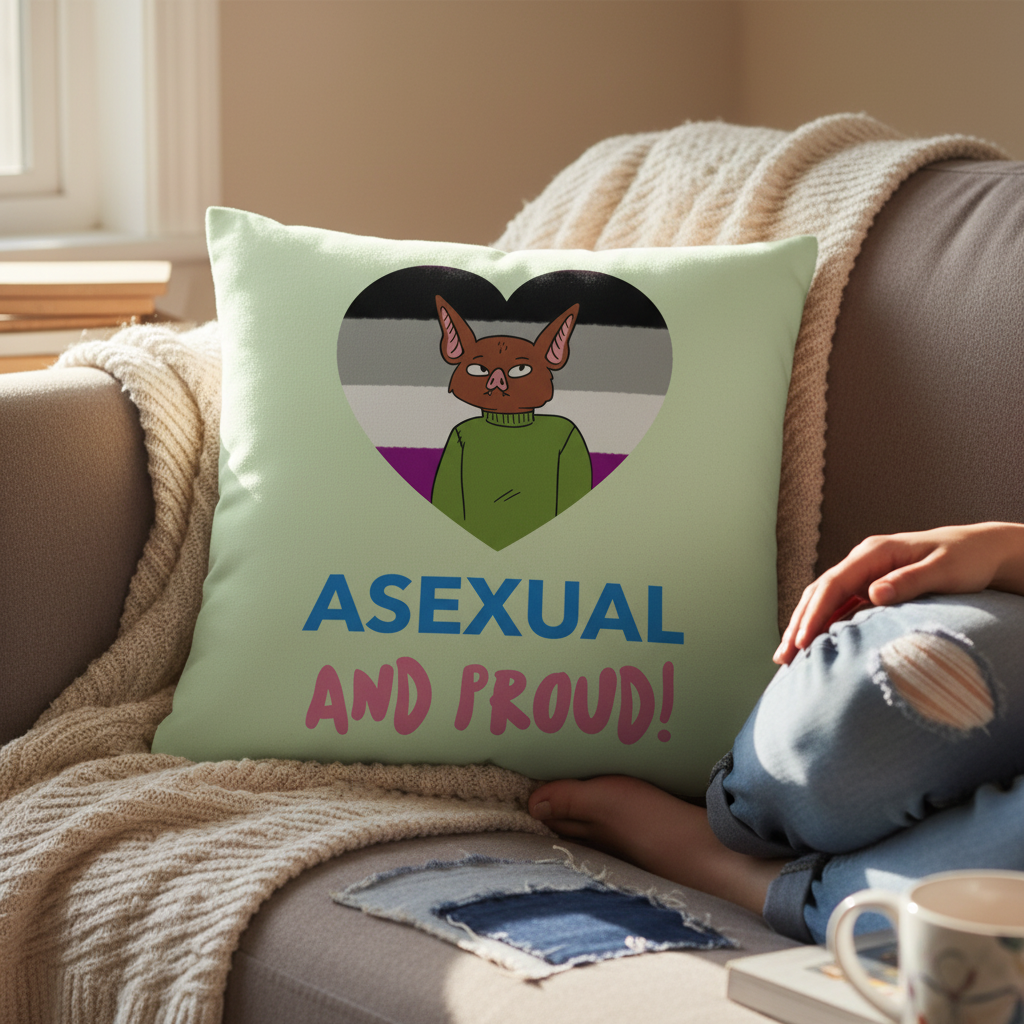 Premium pillow showing a cartoon bat in a green sweater inside an asexual pride heart, with bold “ASEXUAL AND PROUD!” text.