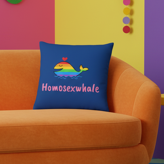 Homosexwhale Premium Pillow with a blue rainbow whale, red heart, blue waves, and “Homosexwhale” in white on an orange couch.
