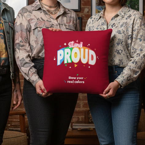 Two people hold red Stand Proud Pillows with rainbow "Stand PROUD" text, stars, and "Show your real colors" in white.