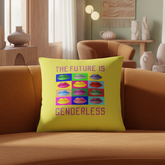 Yellow pillow with colorful lips and “THE FUTURE IS GENDERLESS” text on orange sofa, in cozy room with light wood and modern art.