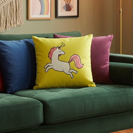 Green sofa with blue, magenta cushions and a yellow Unicorn Pillow featuring a pink-maned unicorn; rainbow print on mint wall.