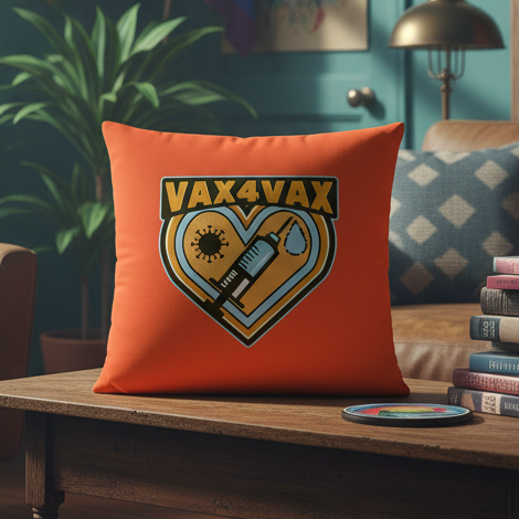 Premium orange pillow with a heart emblem, syringe, virus, droplet icons, and "VAX4VAX" text—cozy queer living room accent.