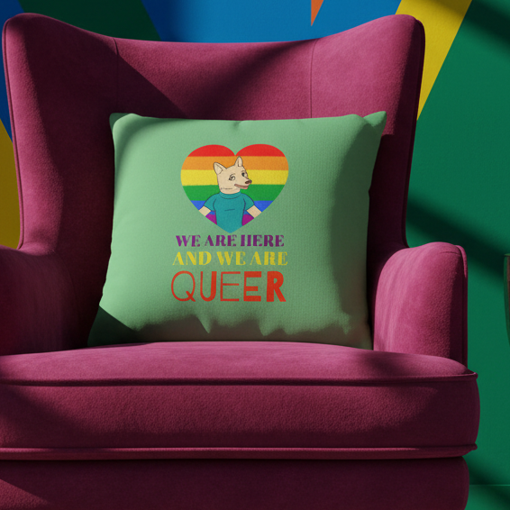 Queer pride pillow with a cartoon cat in teal shirt, framed by a rainbow heart and “WE ARE HERE AND WE ARE QUEER” slogan.