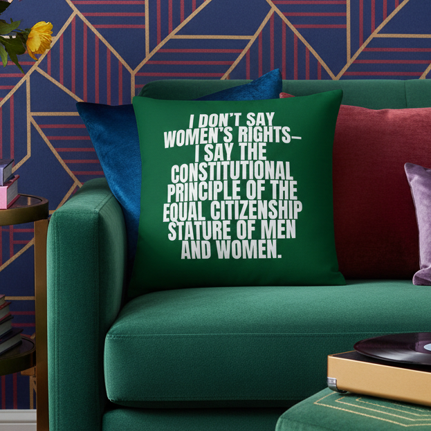 Green couch with teal and red accent pillows, including All-Over Print Premium Pillow with bold white text