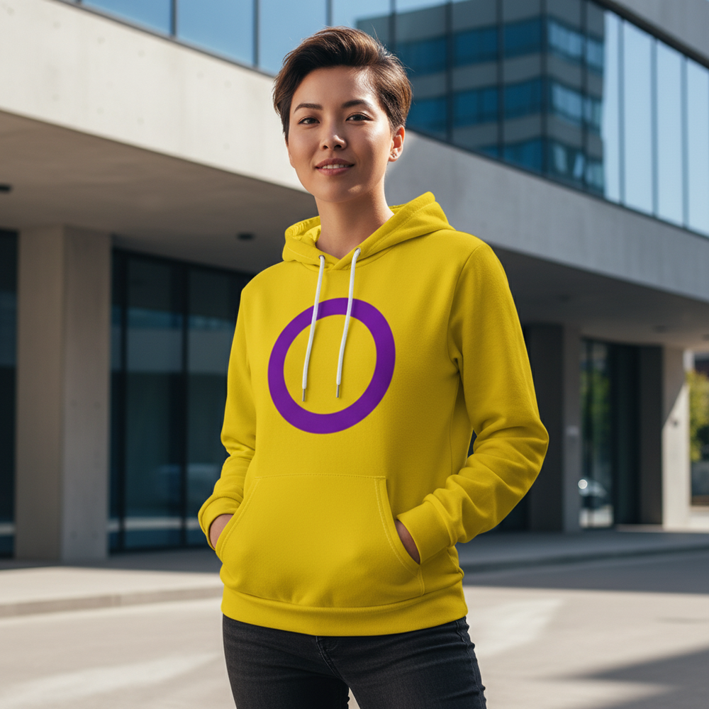 Person modeling a yellow hoodie with a purple intersex symbol outside a modern building