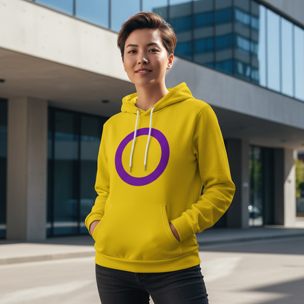 Person modeling a yellow hoodie with a purple intersex symbol outside a modern building