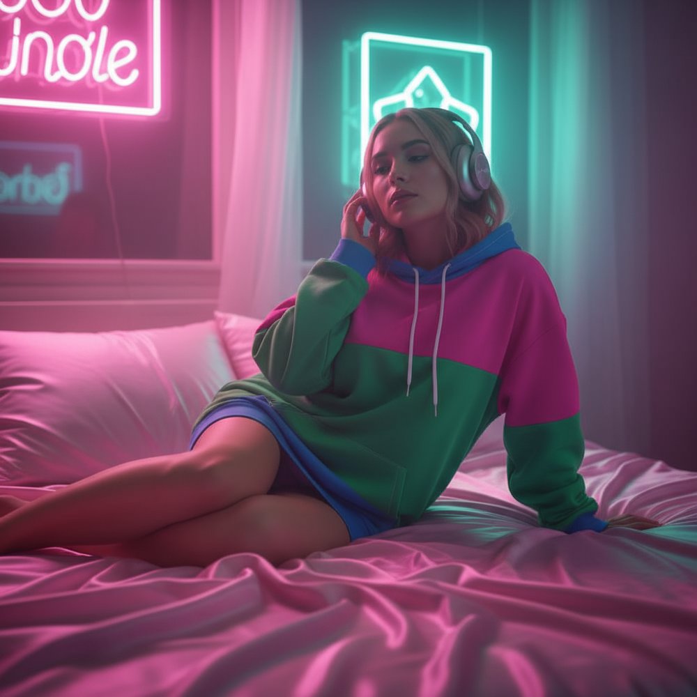 person wearing a pink, green, and blue color-block hoodie while seated on a bed with headphones