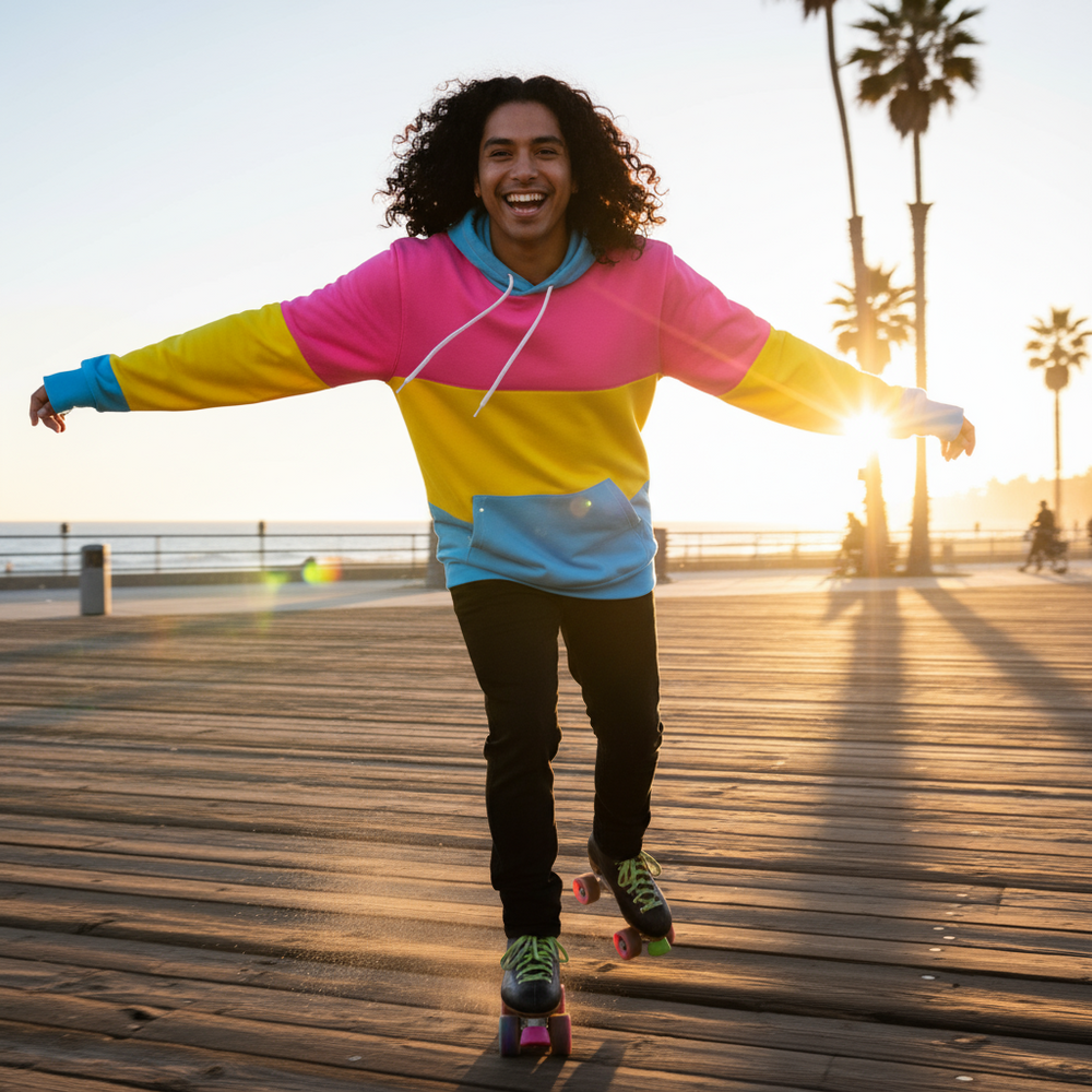 Smiling person roller-skating in a pink, yellow, and blue color-block hoodie