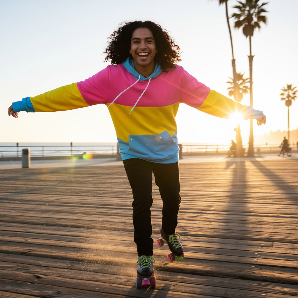 Smiling person roller-skating in a pink, yellow, and blue color-block hoodie