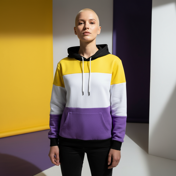 Front-facing model wearing a yellow, white, purple, and black color-block hoodie
