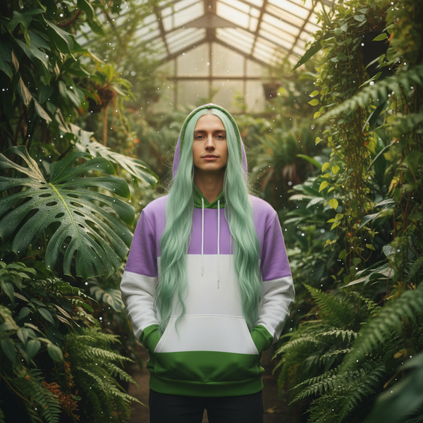 Front-view color-block hoodie modeled in a lush greenhouse by a person with long mint-green hair