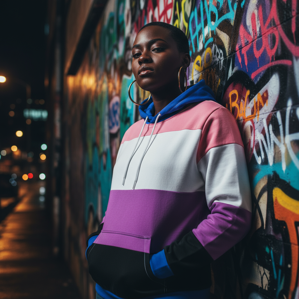 Model outdoors at night wearing a pink, white, purple, blue, and black color-block hoodie