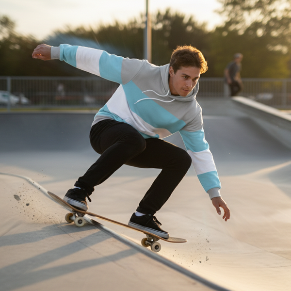 Skateboarder crouches on a ramp wearing a blue-and-white striped hoodie