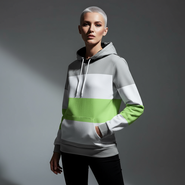 Front-facing model wearing a gray, white, and lime-green color-block hoodie