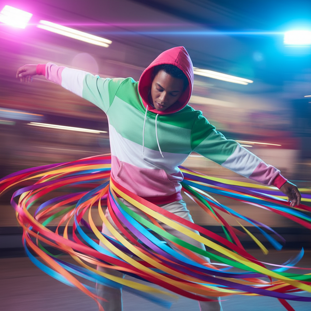 Model wearing a pastel color-block hoodie with a pink hood amid swirling rainbow ribbons