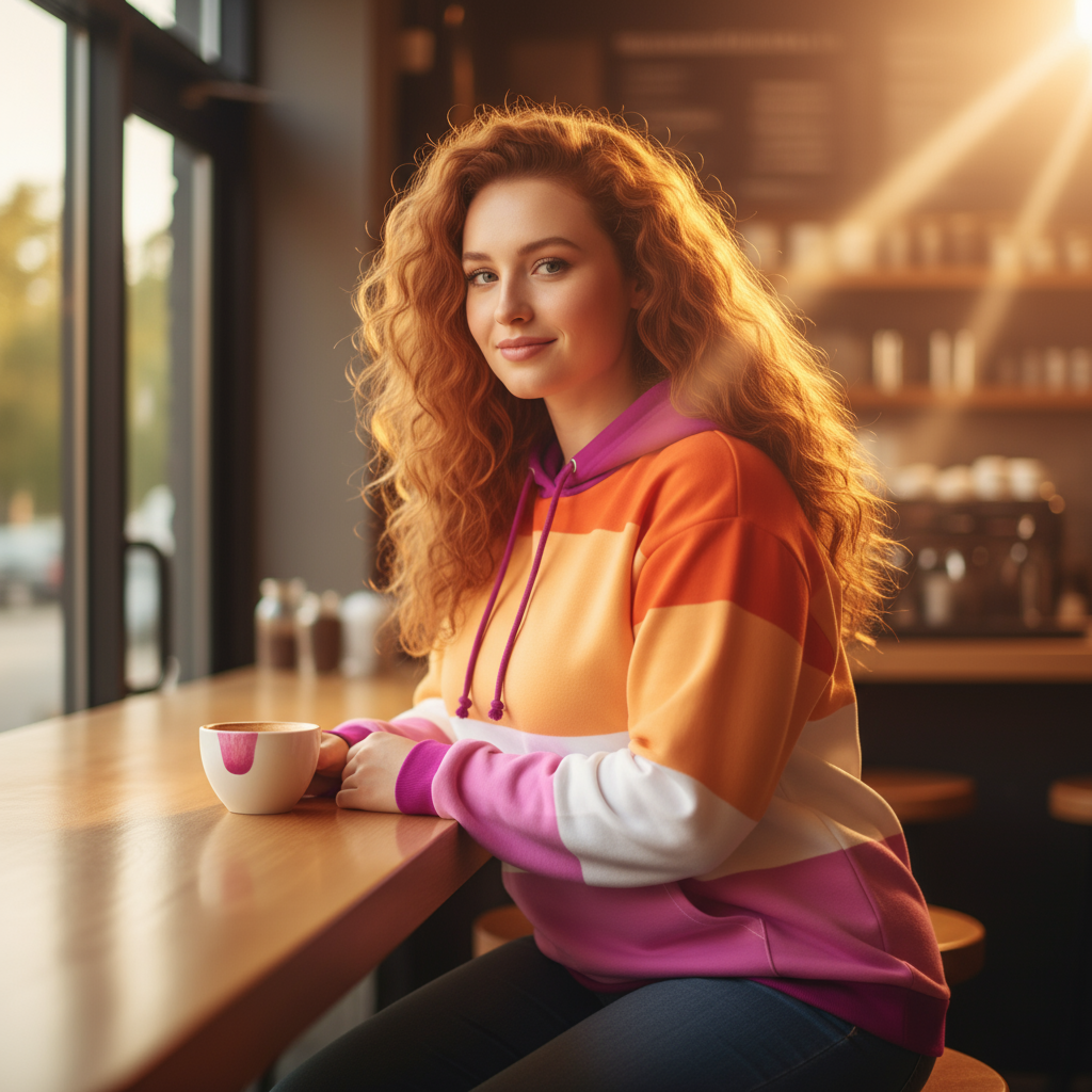 Curly-haired person wearing a striped pink, orange, and white hoodie at a café counter