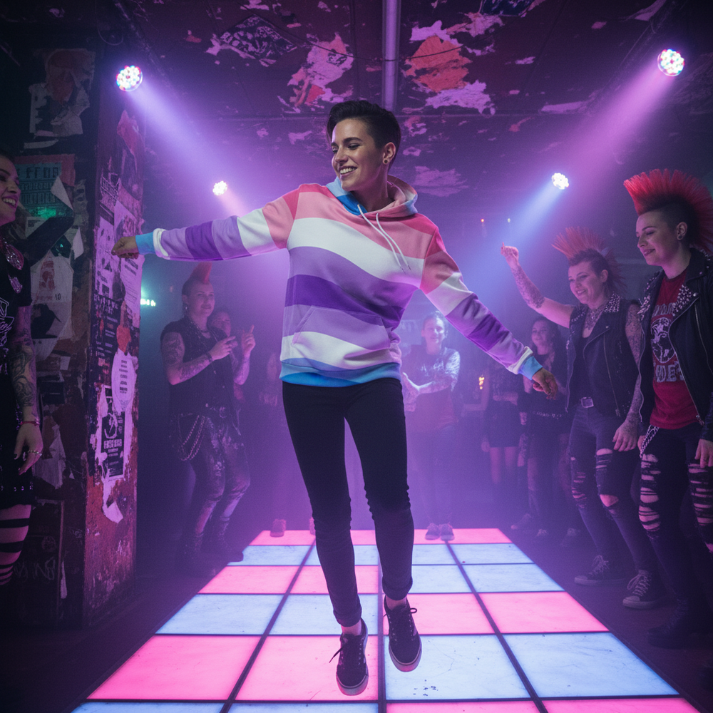 Person dancing in a pink, white, purple, and blue striped hoodie on a lit dance floor