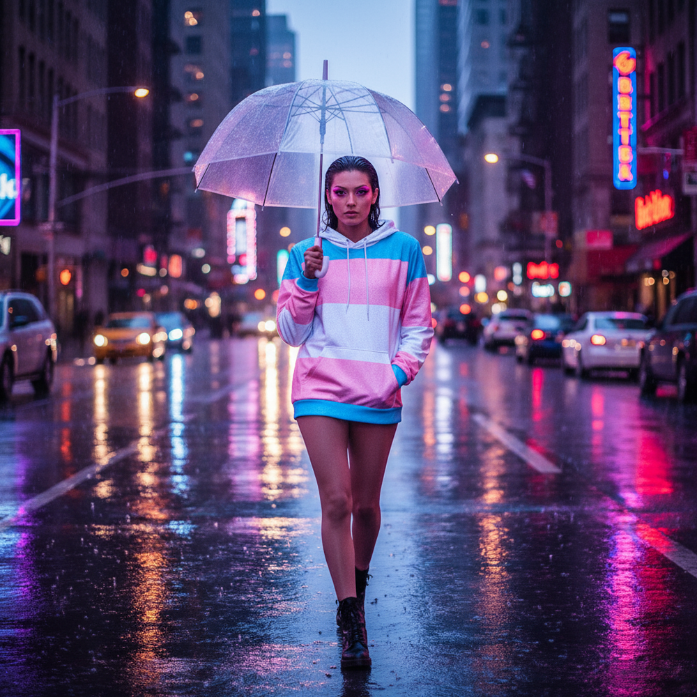 Front-facing model wears a pink, white, and blue striped hoodie in a rainy city street