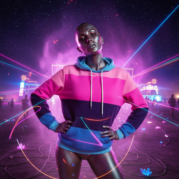 Model wearing a pink, purple, and blue color-block hoodie in a neon-lit scene