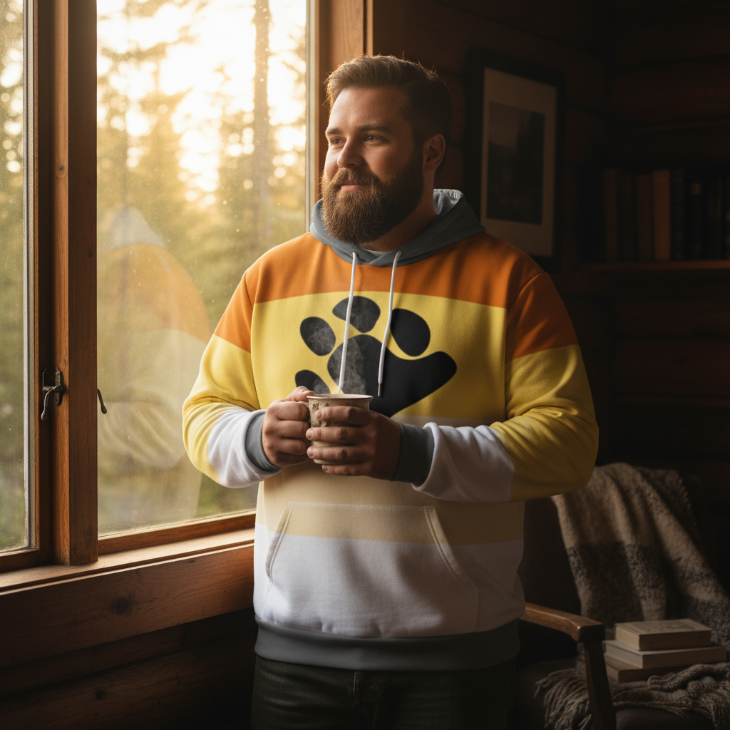 Bearded person wearing a multicolor paw-print hoodie and holding a mug by a window