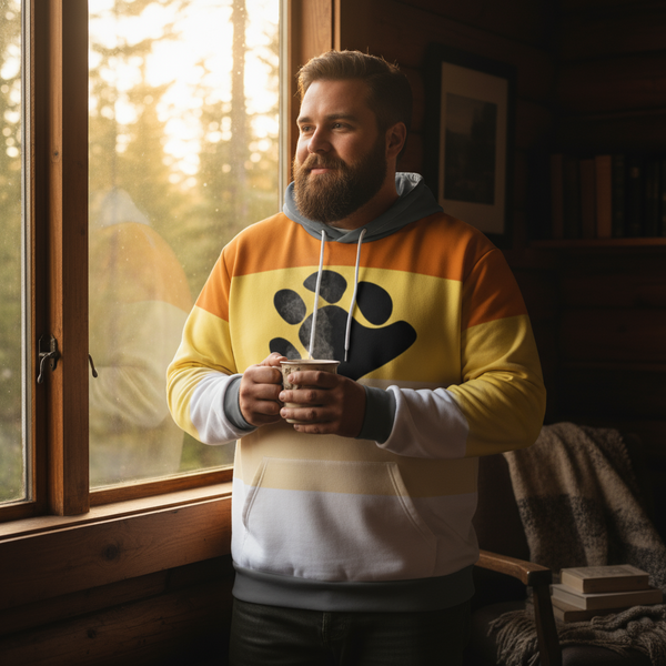 Bearded person wearing a multicolor paw-print hoodie and holding a mug by a window