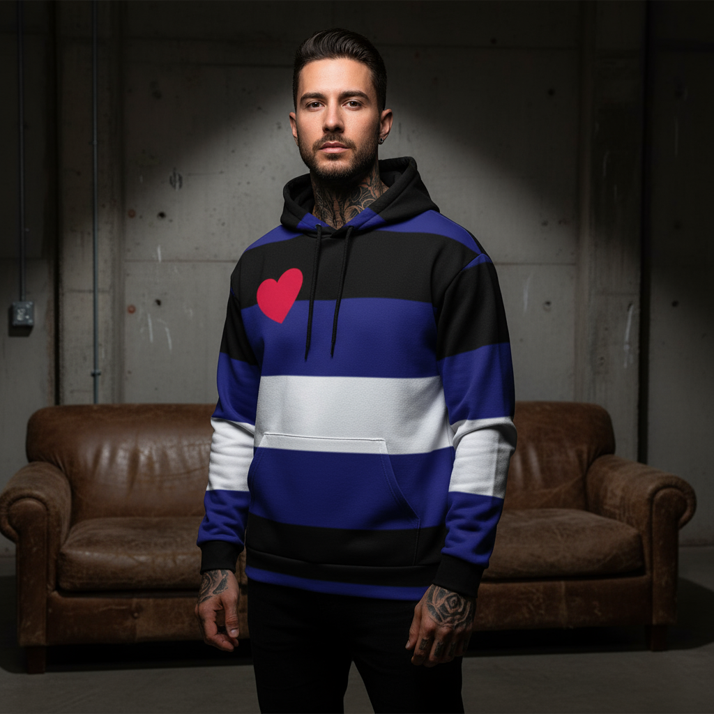 Front view of a person wearing a black, blue, and white striped hoodie with a red heart