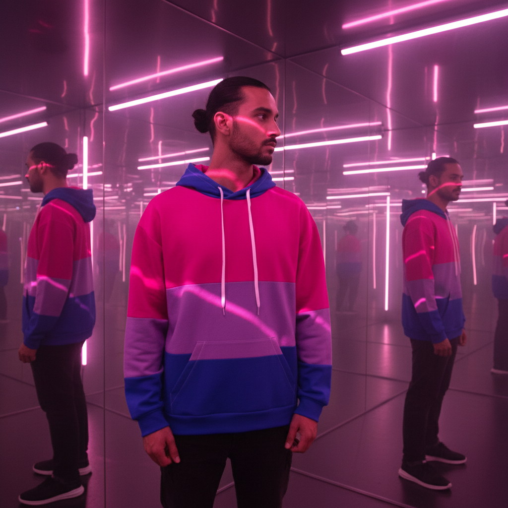 Front-facing model wearing a pink, lavender, and blue color-block hoodie in a mirrored neon room