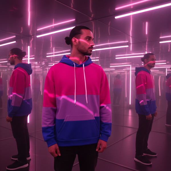 Front-facing model wearing a pink, lavender, and blue color-block hoodie in a mirrored neon room