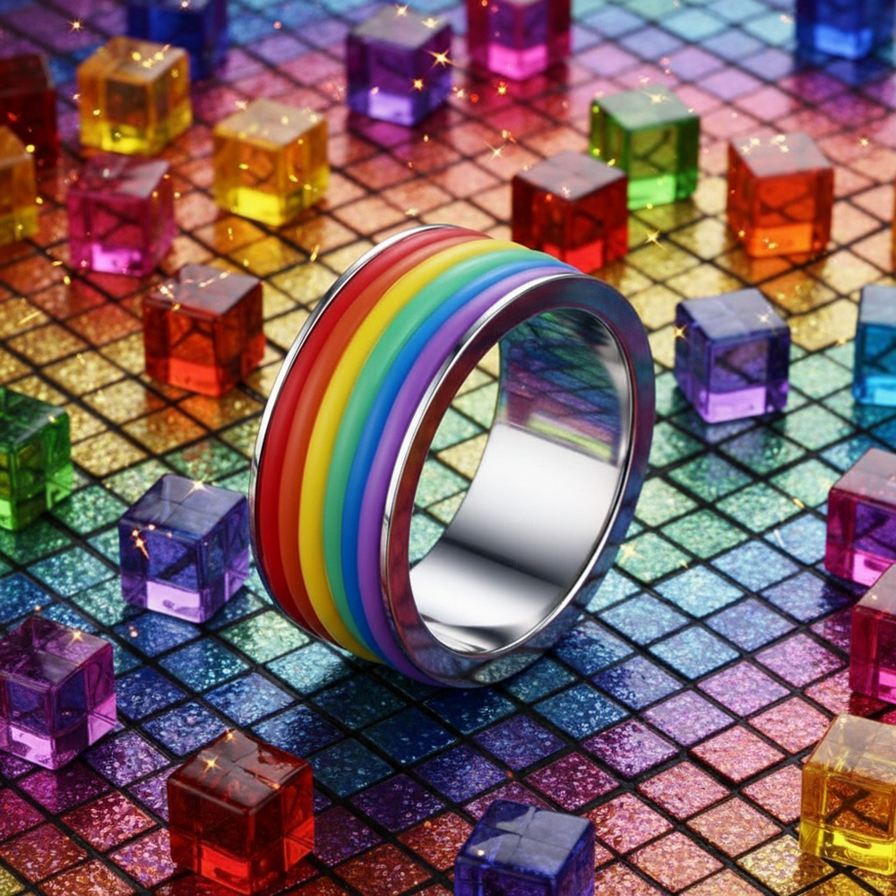 Close-up of a silver ring with raised rainbow-colored bands on a colorful tiled surface