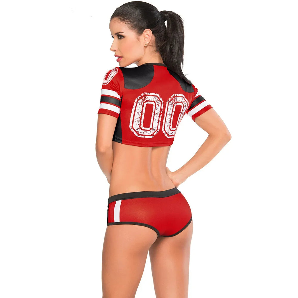 Back view of a model wearing a red-and-black cheerleader outfit with white 00 lettering