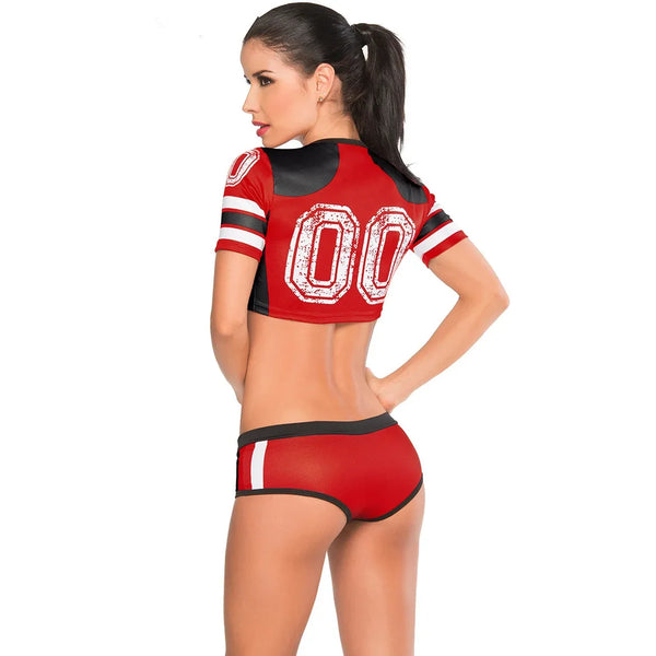 Back view of a model wearing a red-and-black cheerleader outfit with white 00 lettering