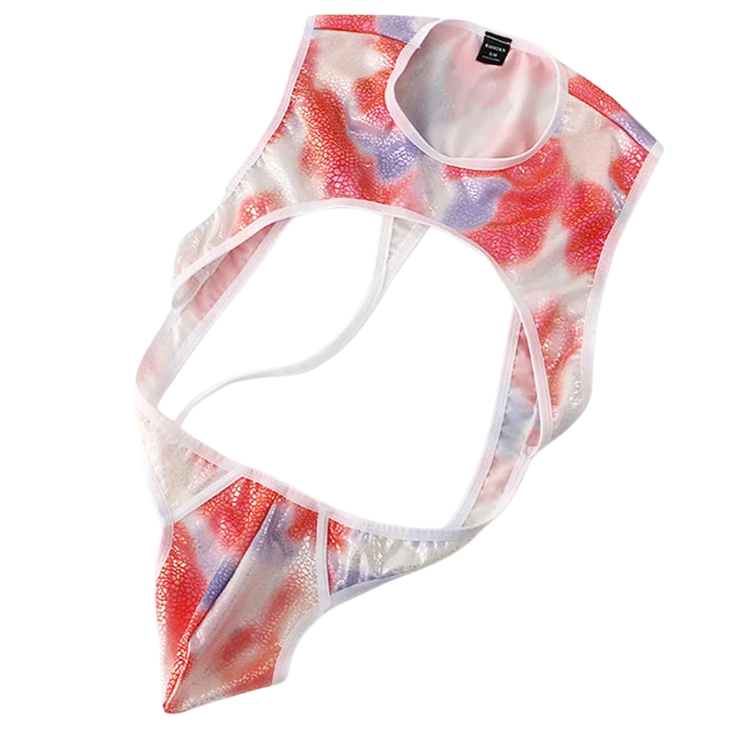 Jockstrap bodysuit flat lay with red, white, and blue shimmering abstract print