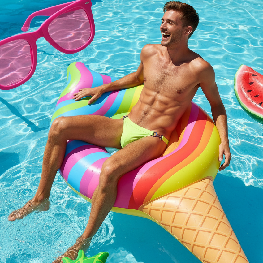 Person reclining on an ice-cream float in bright chartreuse swim briefs, viewed from above