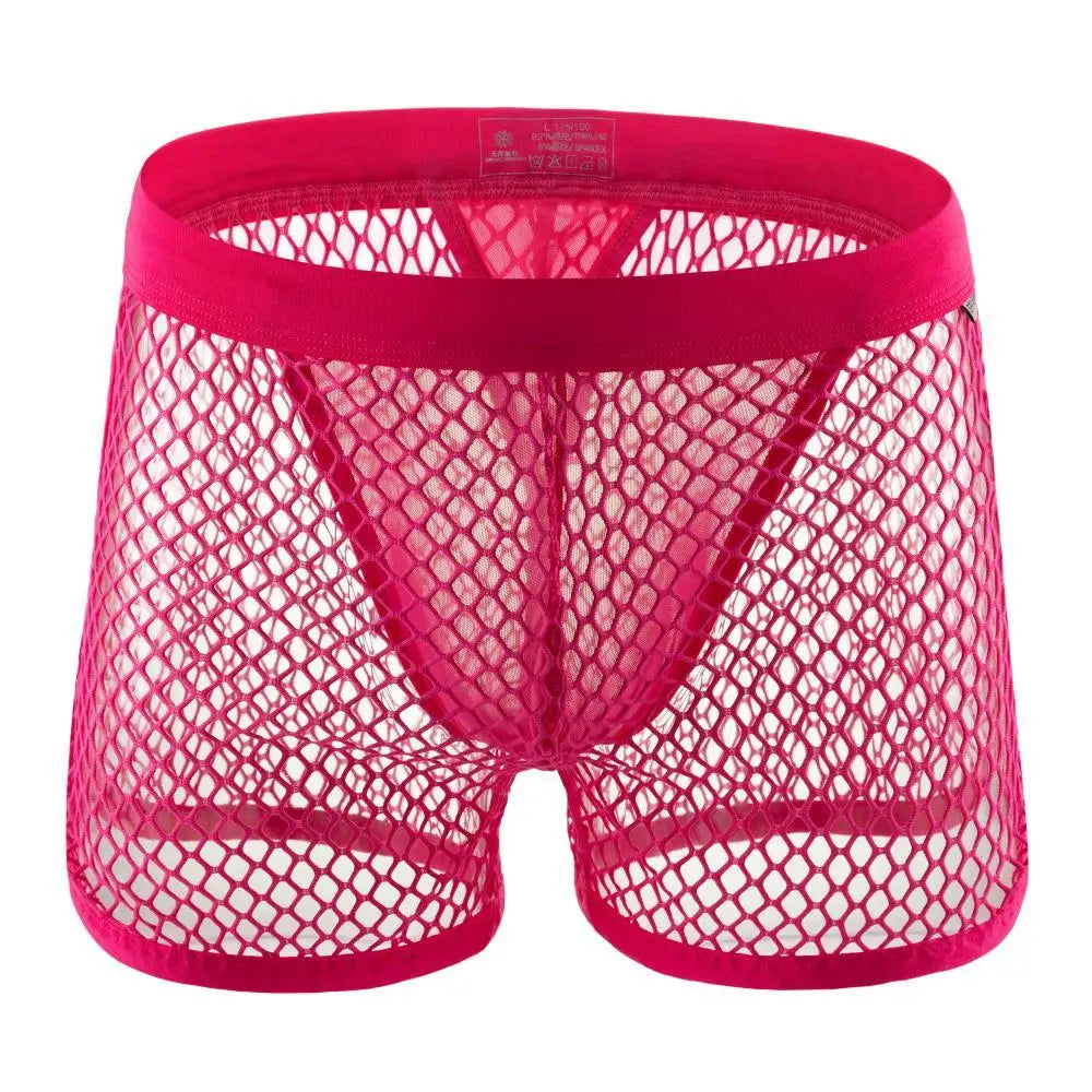 Front view of bright pink fishnet mesh boxer briefs with a wide waistband