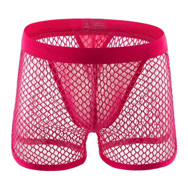 Front view of bright pink fishnet mesh boxer briefs with a wide waistband