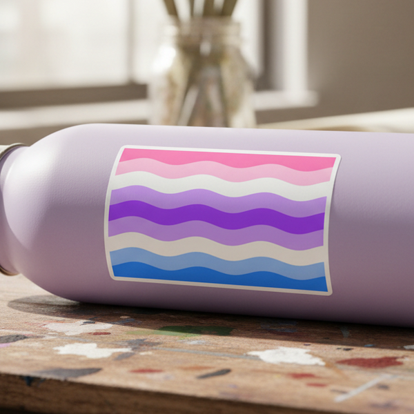 Lavender water bottle rocking a high-opacity vinyl Alternative Genderfluid sticker with pink, white, purple