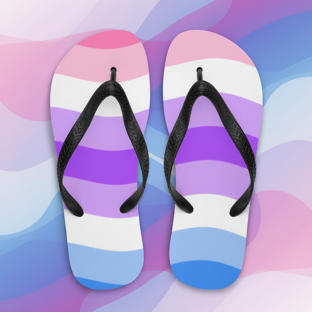 Genderfluid flip-flops with black straps and soles, wavy pink, white, purple