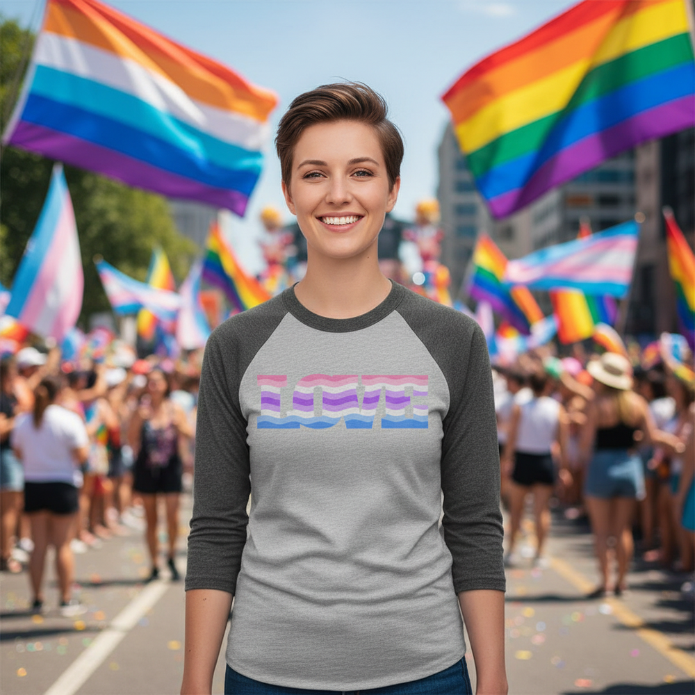 3/4 sleeve raglan shirt with “LOVE” in rainbow colors, worn by a smiling person