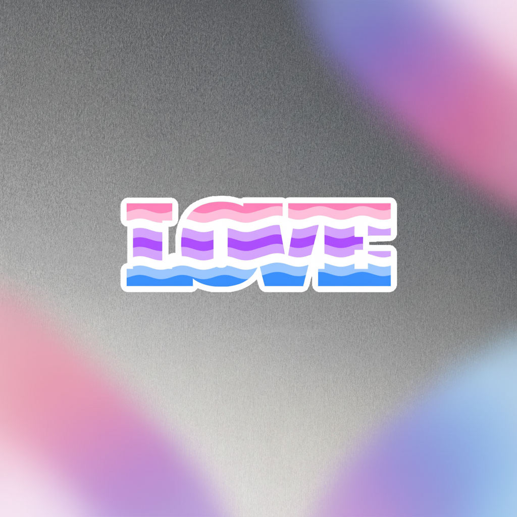 LOVE in bold, retro letters striped pink, white, and blue like the trans flag