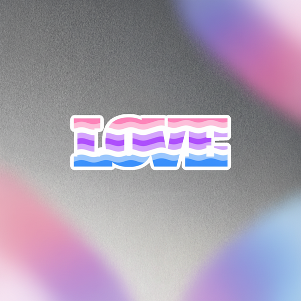 LOVE in bold, retro letters striped pink, white, and blue like the trans flag