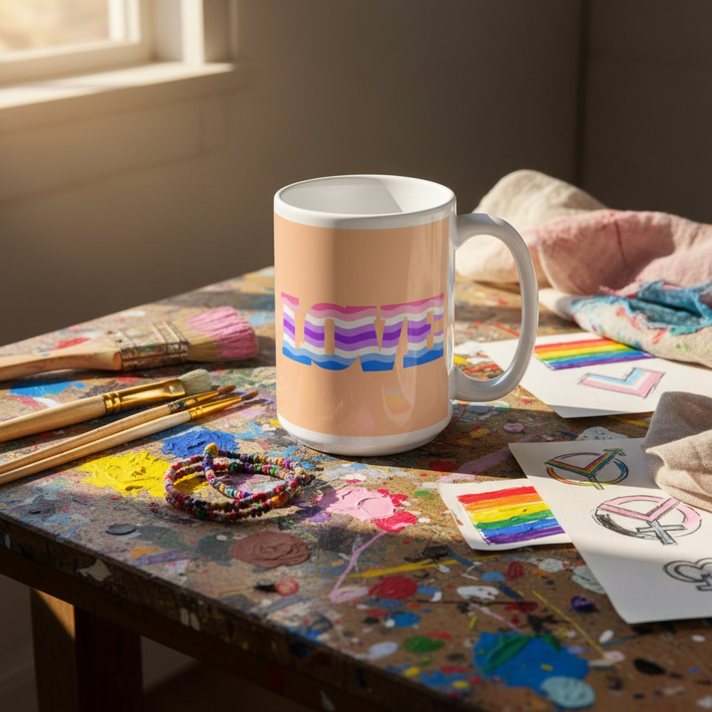 Peach ceramic mug with rainbow-striped lettering on a paint-splattered artist's table
