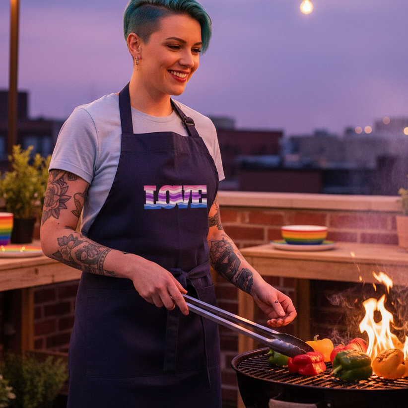Tattooed person grilling vegetables in a dark apron reading “LOVE” in rainbow lettering
