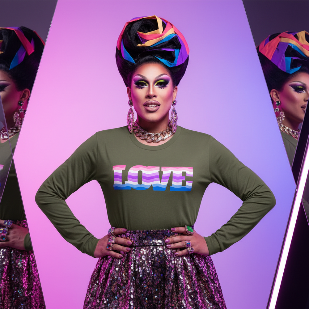 Unisex long sleeve tee reading rainbow "LOVE," worn by a drag queen in bold makeup, hoops, headwrap, sequined skirt