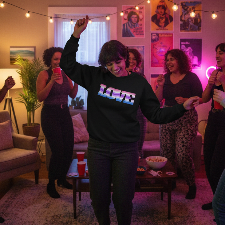 Person dancing in a black sweatshirt with colorful LOVE lettering at a party