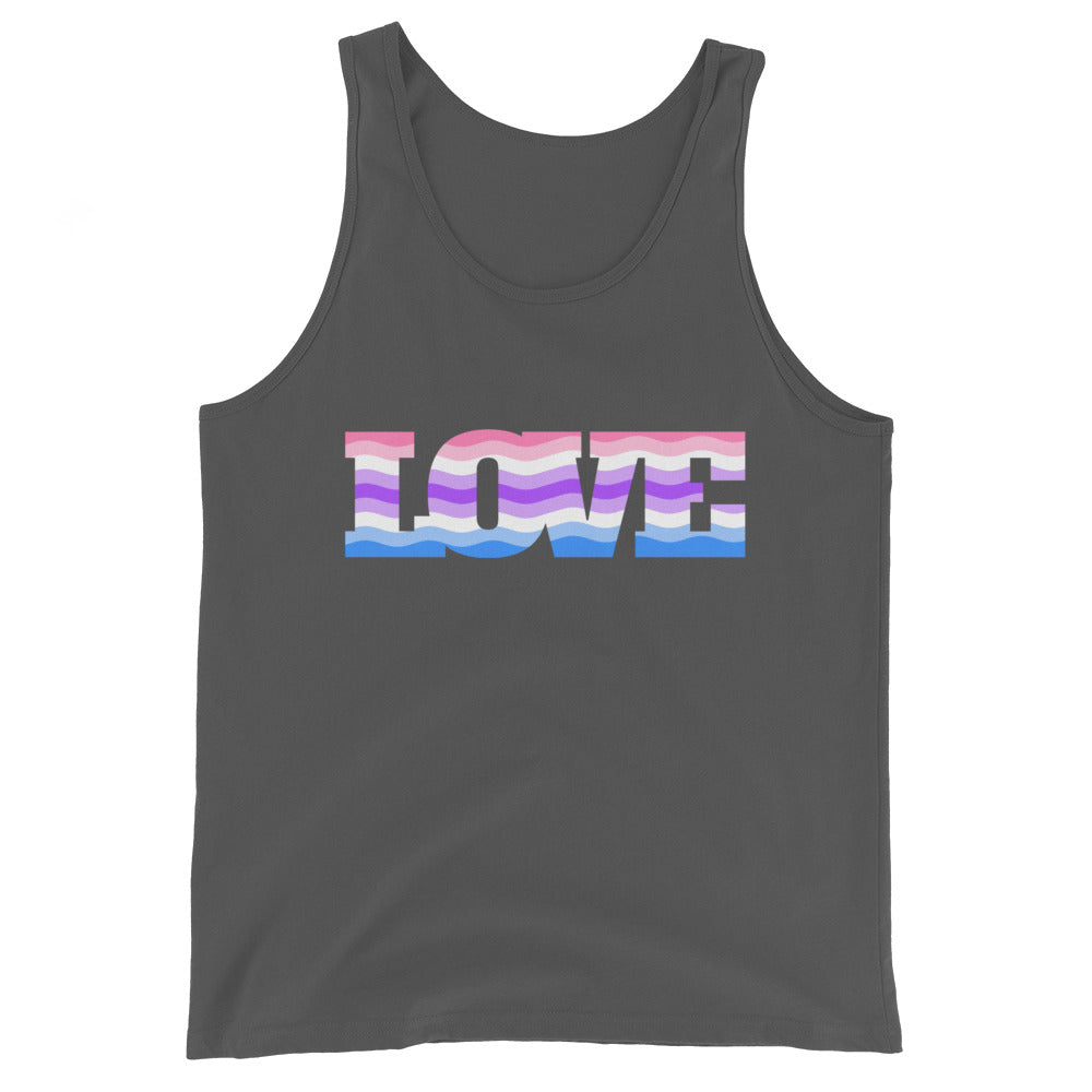 Unisex tank top on dark gray, with bold uppercase LOVE and light blue, pink, white stripes for the trans pride flag