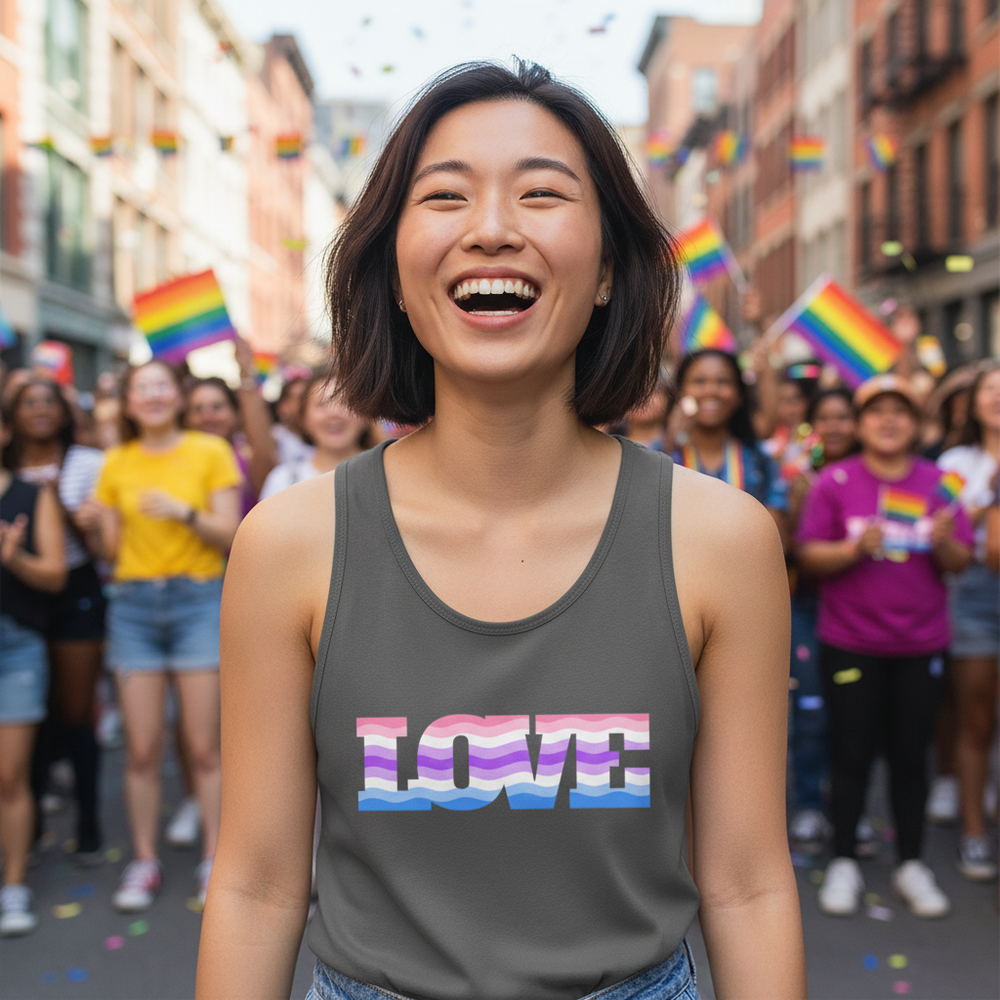 Alternative Genderfluid Love Unisex Tank Top with "LOVE" in trans flag colors, worn at a pride parade