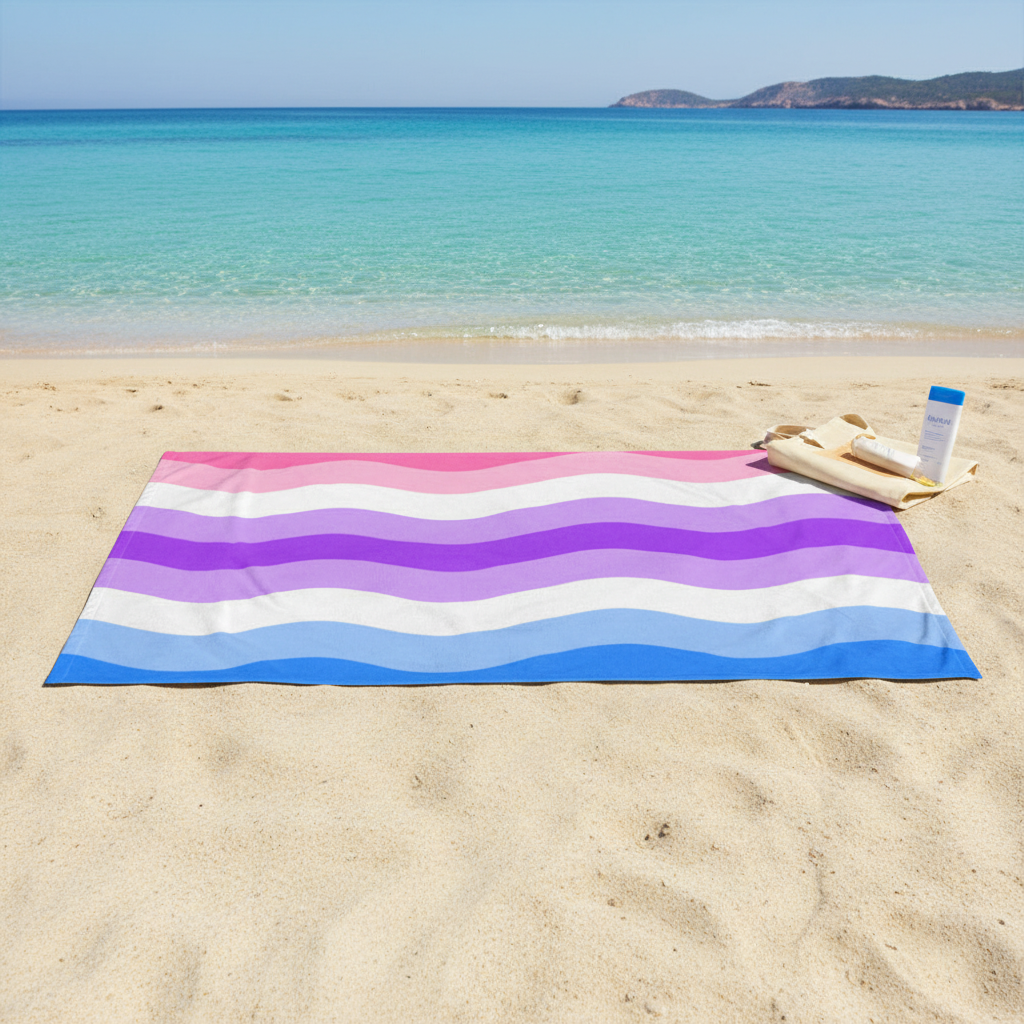 Alternative Genderfluid Towel with pink, purple, white, and blue wavy pride stripes on sand by the sea