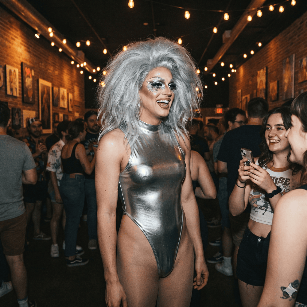 Drag performer in a shiny silver high-cut bodysuit at a warmly lit indoor gathering