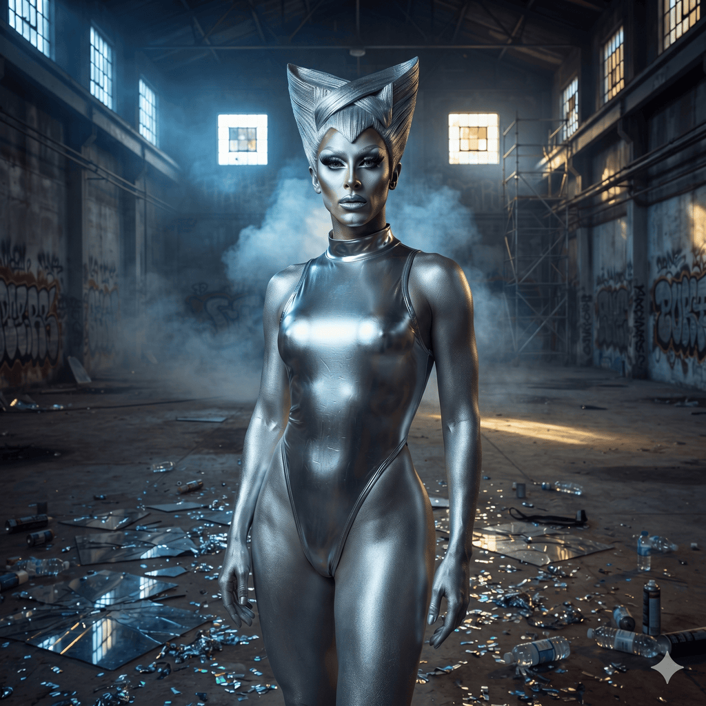 Silver humanoid model wearing a high-neck metallic bodysuit in a graffiti-covered warehouse