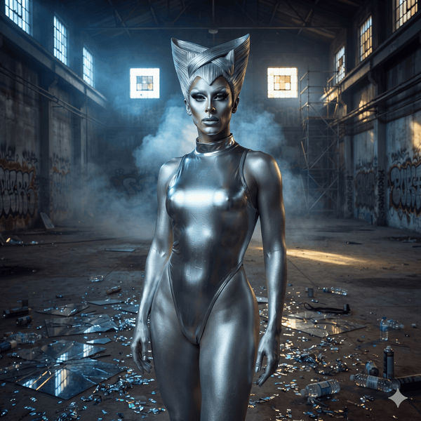 Silver humanoid model wearing a high-neck metallic bodysuit in a graffiti-covered warehouse